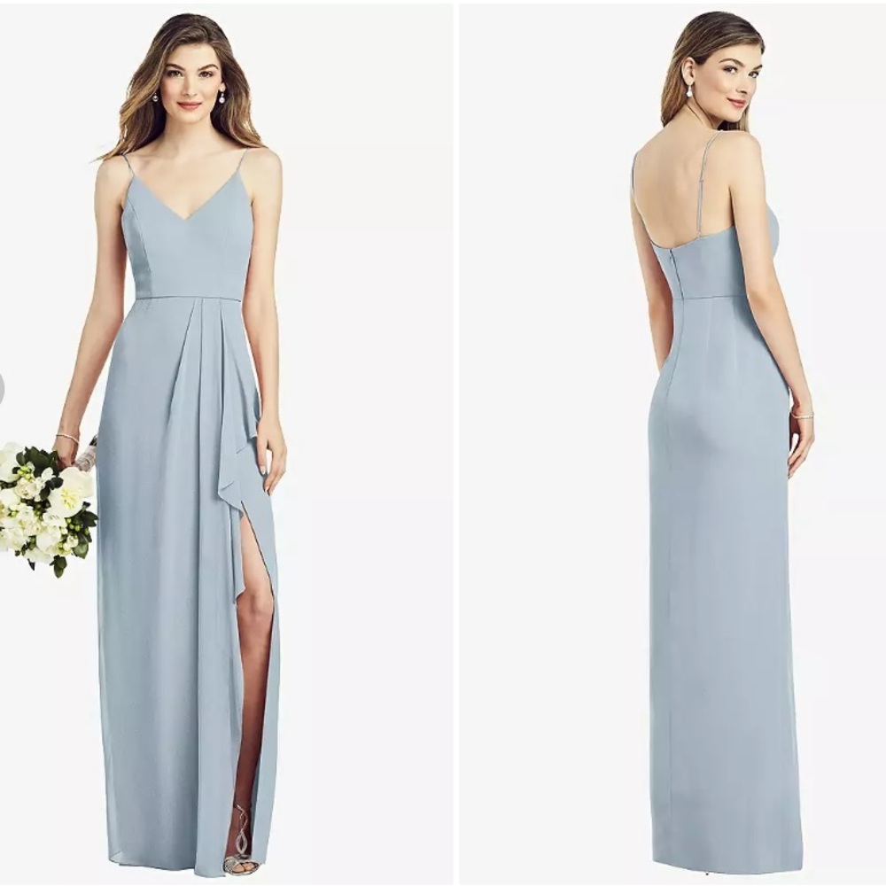 Dessy After Six Bridesmaid Chiffon Spaghetti Strap Gown Front Slit in Mist 12-R